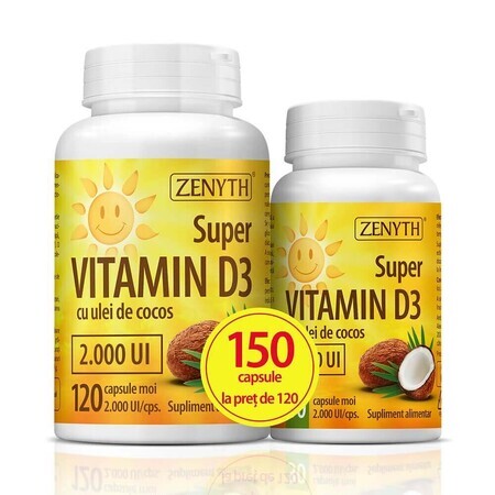 Super Vitamine D3 met kokosolie 2000 IE, 120 + 30 capsules, Zenyth