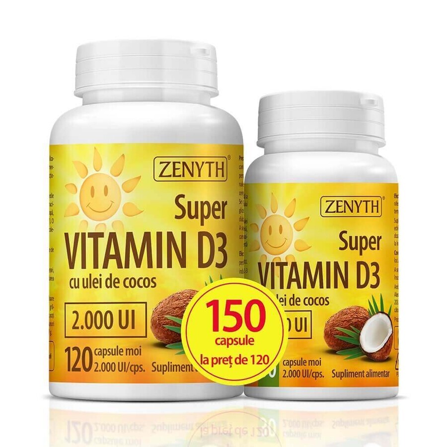 Super Vitamine D3 met kokosolie 2000 IE, 120 + 30 capsules, Zenyth