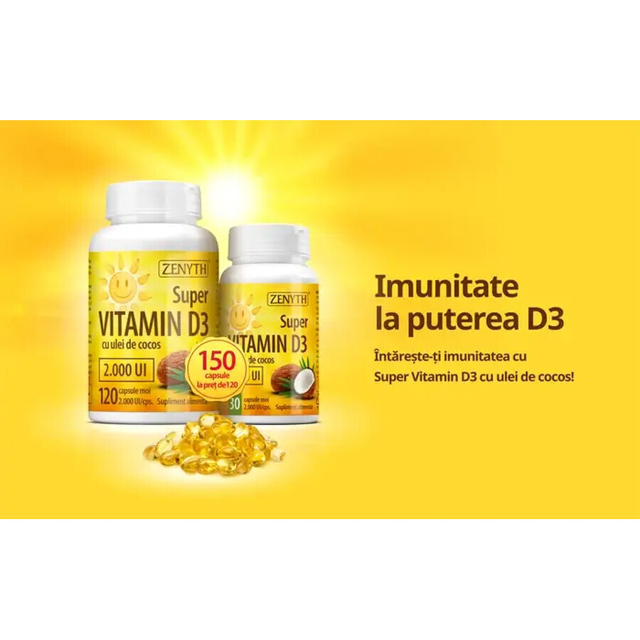 Super Vitamine D3 met kokosolie 2000 IE, 120 + 30 capsules, Zenyth