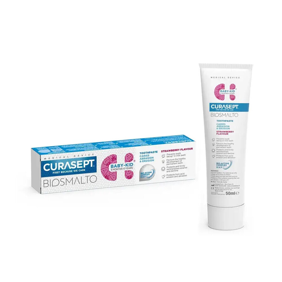 Fluoride toothpaste with strawberry flavour lightly mint 6 months - 6 years Biosmalto Baby-Kid, 50 ml, Curasept