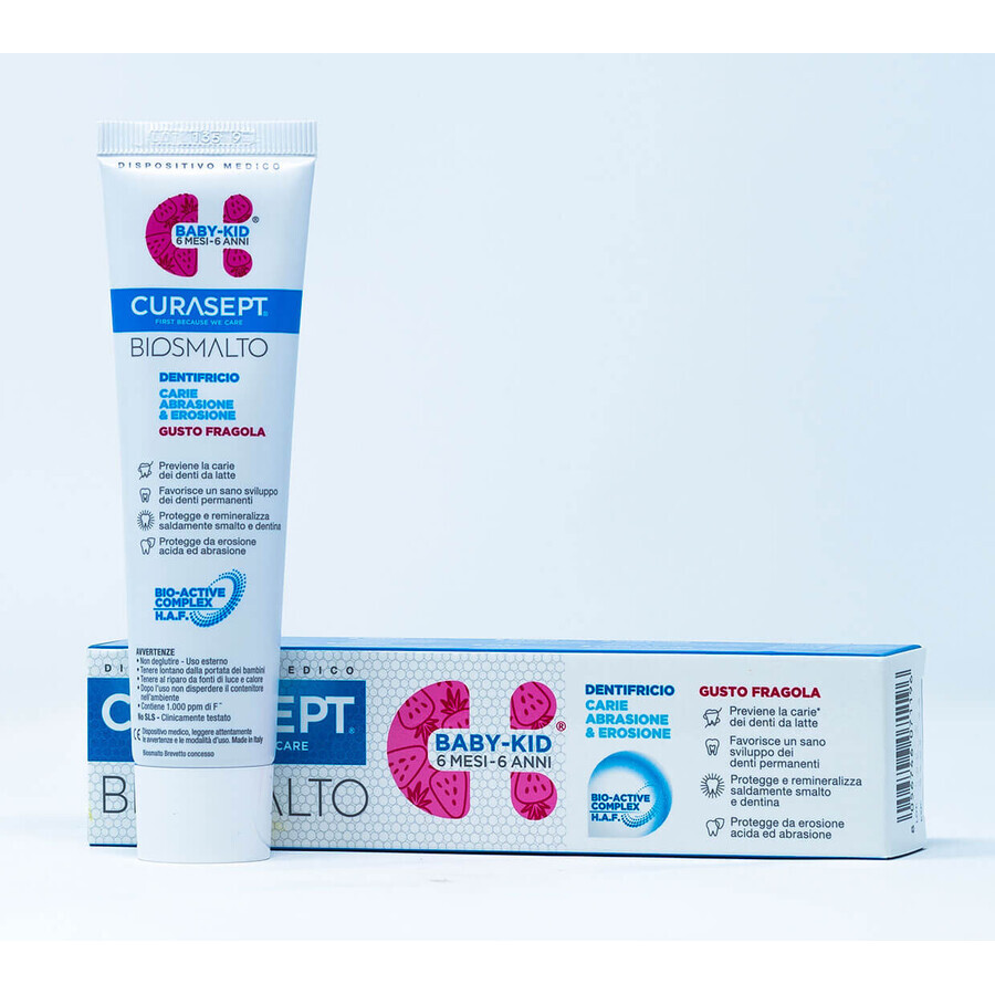 Fluoride toothpaste with strawberry flavour lightly mint 6 months - 6 years Biosmalto Baby-Kid, 50 ml, Curasept