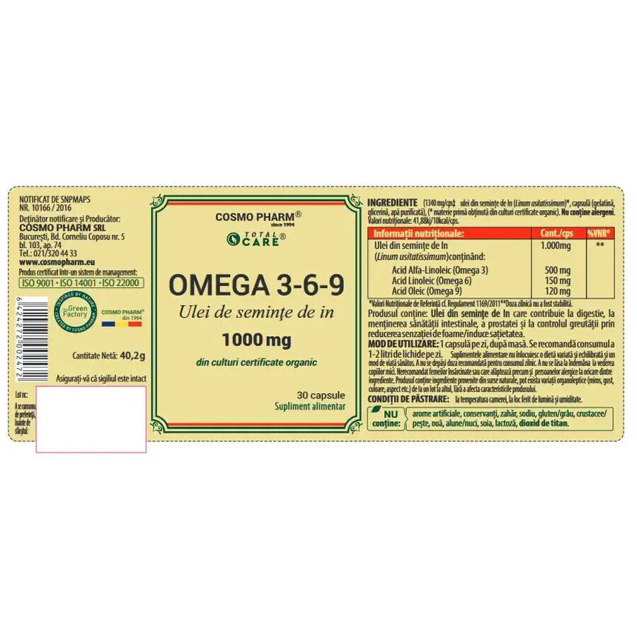 Premium Omega 3-6-9 1000mg Lijnzaadolie, 60 capsules, Cosmopharm