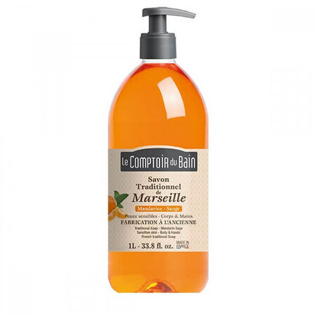 Traditional Marseille soap with Mandarin and Sage fragrance, 1000 ml, Le Comptoir du Bain