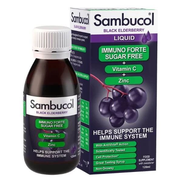 Suikervrije siroop met zwarte vlierbes, vitamine C en zink – Immuno Forte, 120 ml, Sambucol