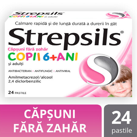 Strepsils à la fraise sans sucre pour les enfants de plus de 6 ans, 24 comprimés, Reckitt Benckiser Healthcare