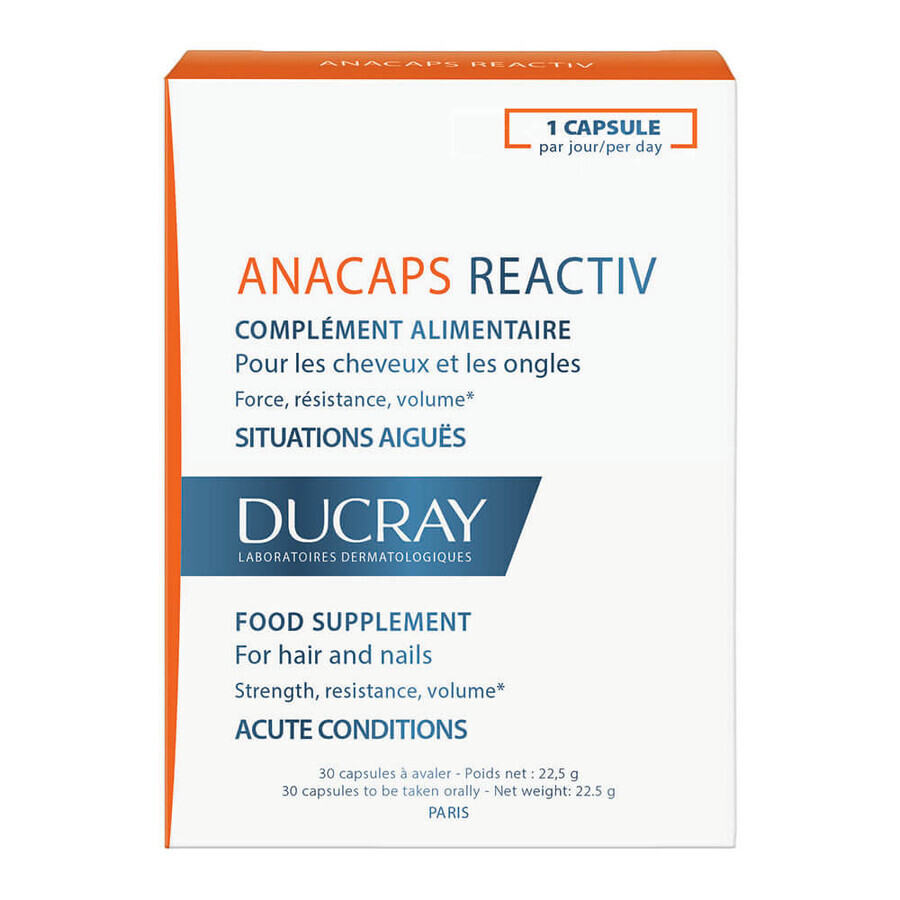 Complément alimentaire pour cheveux et ongles Anacaps Reactiv, 30 gélules, Ducray