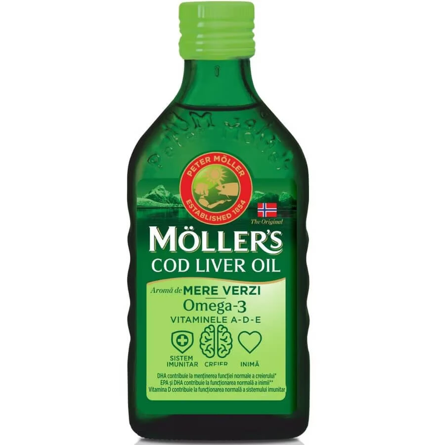 Aceite de hígado de bacalao Omega 3, Vitamina A-D-E, sabor manzana verde, 250 ml, Moller's