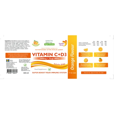 Vitamina C Lichidă 1000 Mg + Vitamina D3 + Zinc, 500ml, Swedish Nutra