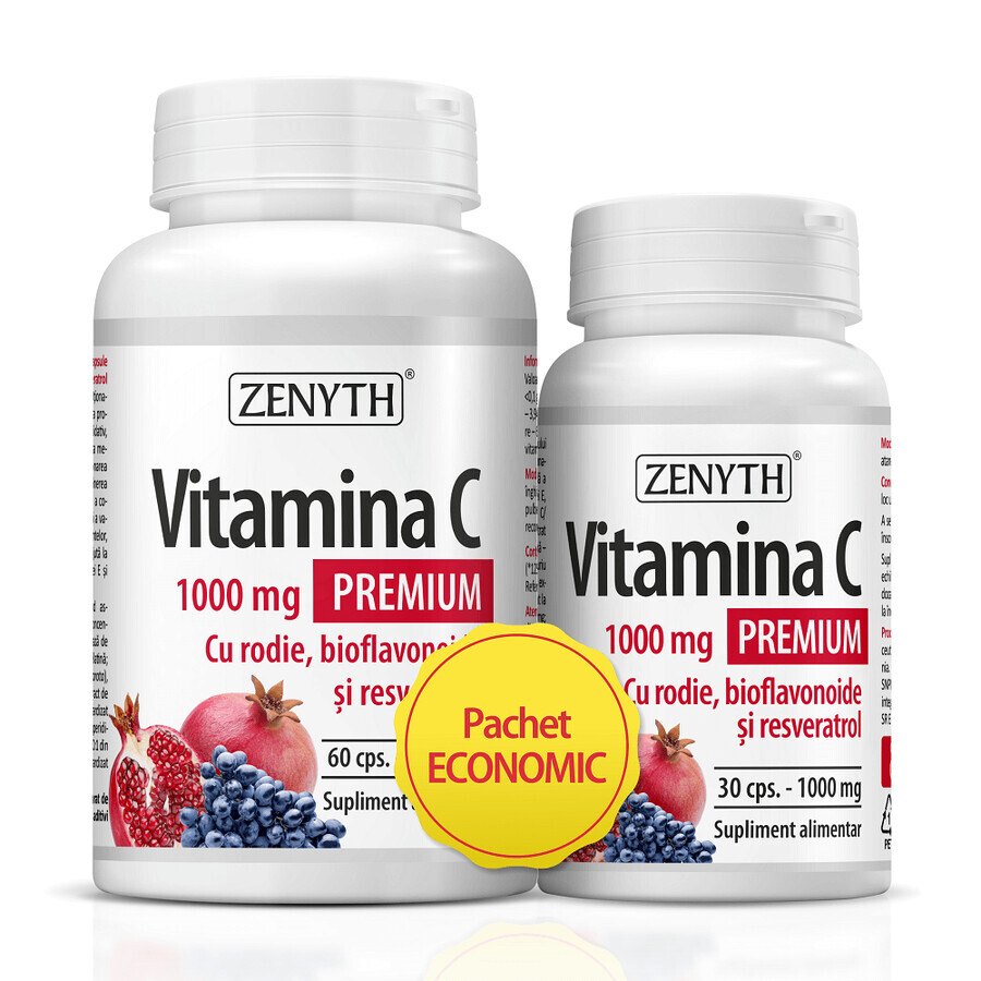 Premium Vitamin C mit Granatapfel, Bioflavonoiden und Resveratrol 1000 mg, 60+30 Kapseln, Zenyth