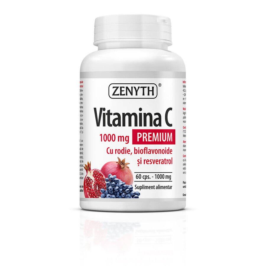 Vitamina C 1000 mg Premium con melograno, bioflavonoidi e resveratrolo, 60+30 capsule, Zenyth