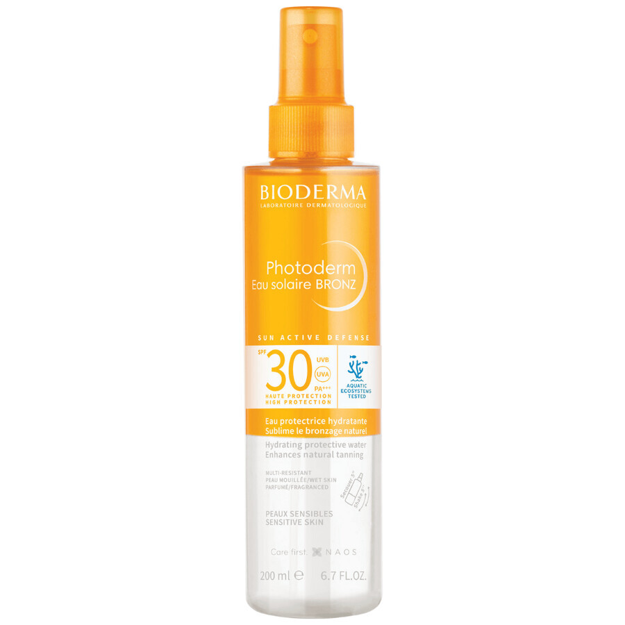 Eau solaire SPF 30 pour peaux sensibles Photoderm Bronz, 200 ml, Bioderma