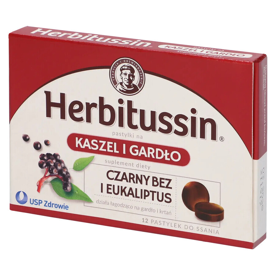 Herbitussin Hoest en Keel, vlierbes en eucalyptus, 12 zuigtabletten