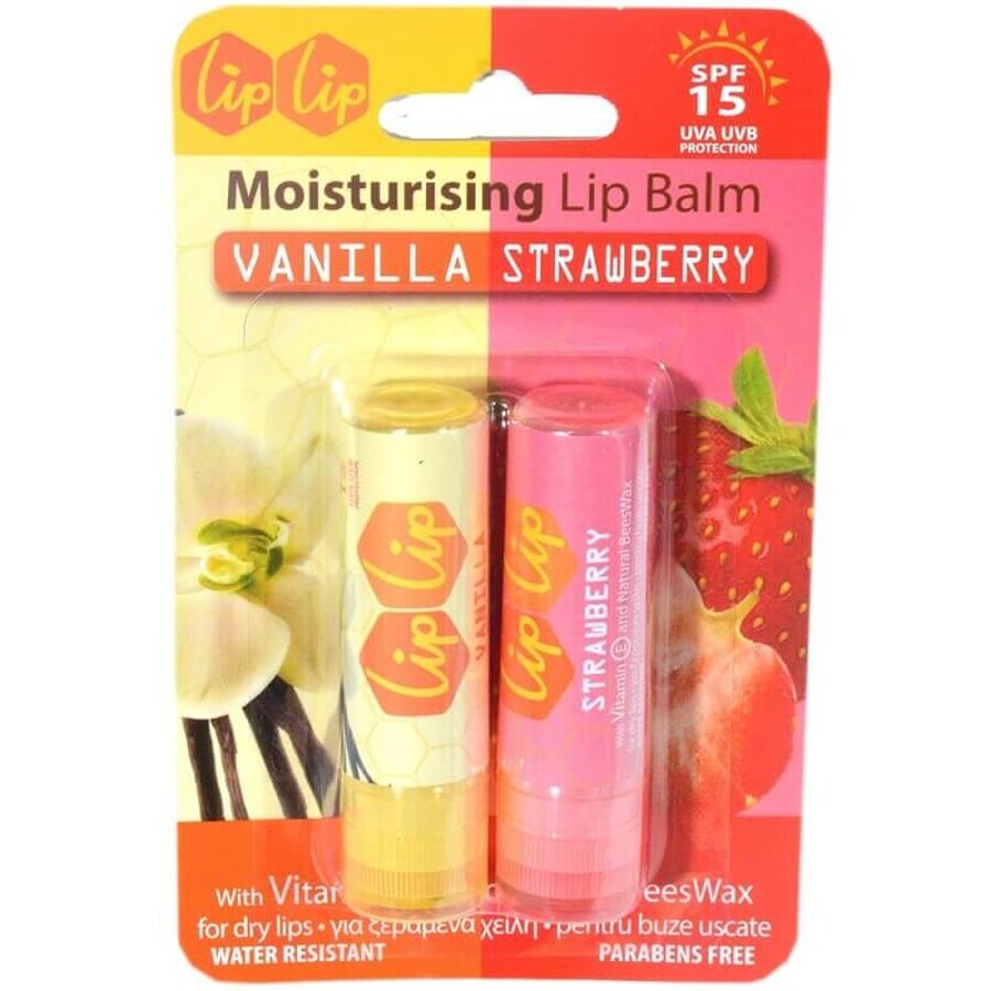 Lip balm with SPF 15 with strawberry and vanilla flavour, 2 pieces, Karaver