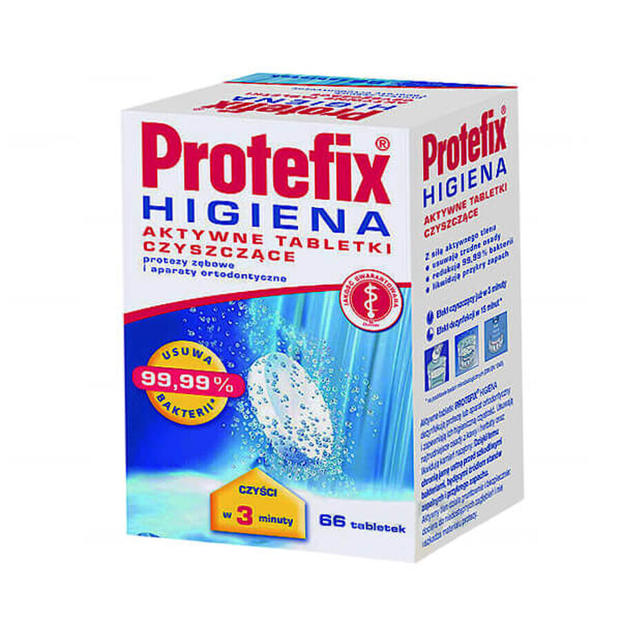 Protefix Higiena, comprimés de nettoyage actifs pour prothèses dentaires et appareils orthodontiques, 66 pièces