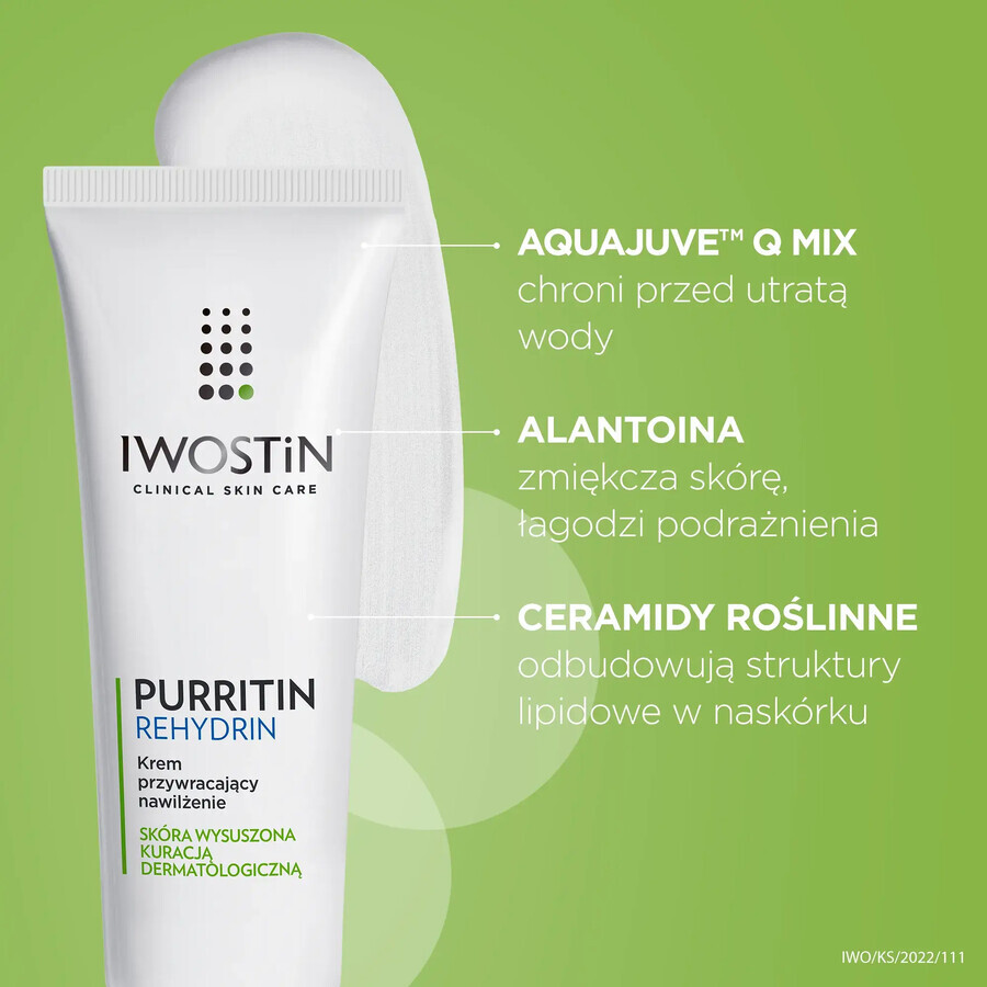 Iwostin Purritin Rehydrin, Cremă hidratantă reparatoare, piele uscată de tratamente dermatologice, 40 ml