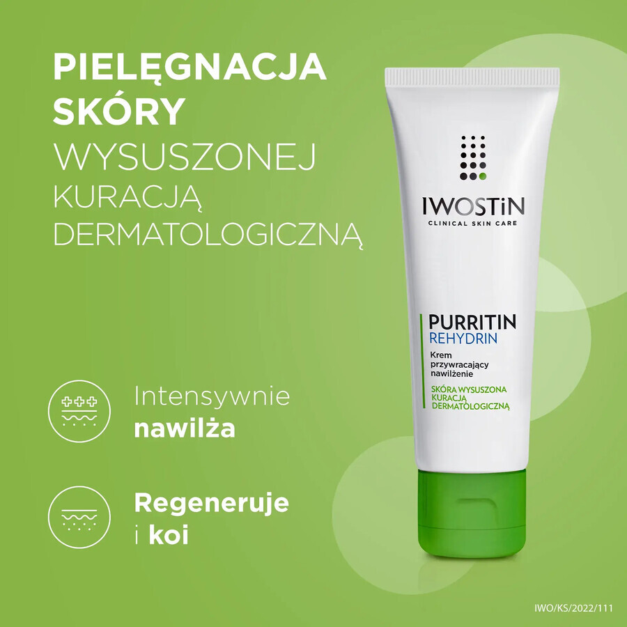 Iwostin Purritin Rehydrin, Cremă hidratantă reparatoare, piele uscată de tratamente dermatologice, 40 ml