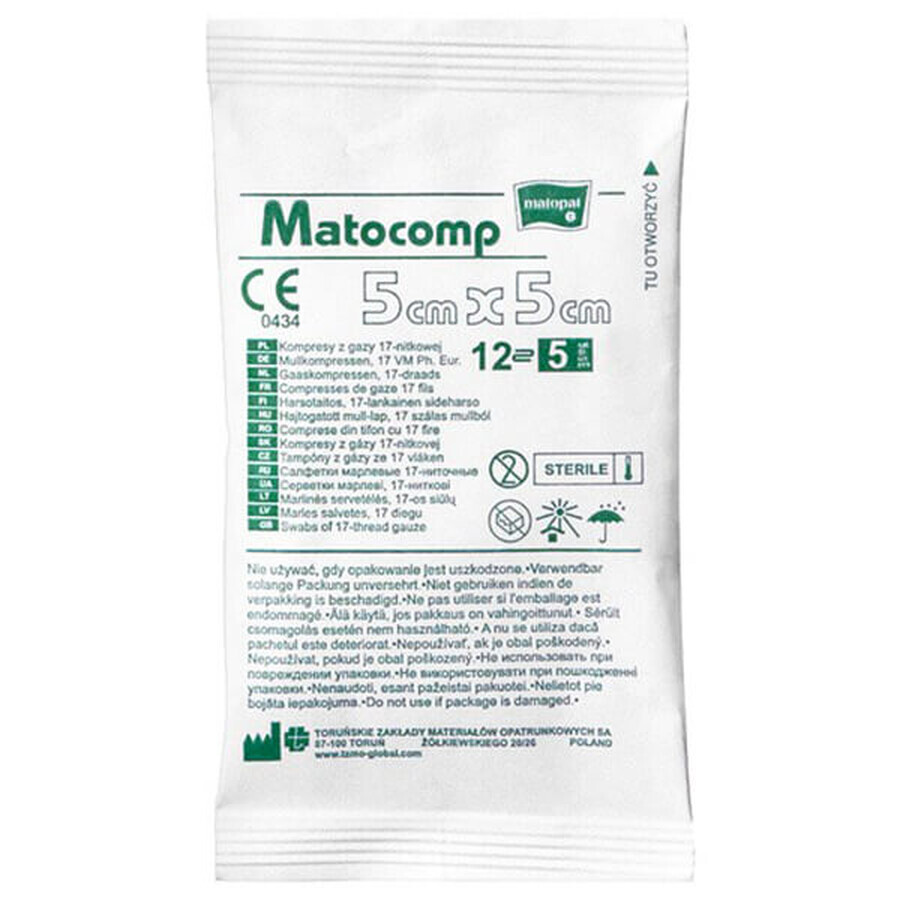 Matopat Matocomp, steriele gaaskompressen, 17-draads, 12-laags, 5 cm x 5 cm, 5 stuks