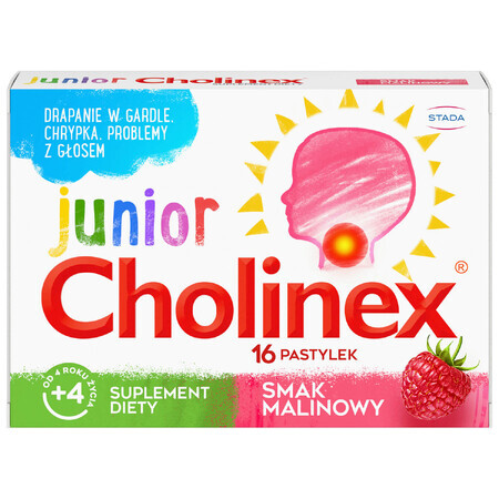 Cholinex Junior, voor kinderen vanaf 4 jaar, frambozensmaak, 16 zuigtabletten BESCHADIGDE VERPAKKING