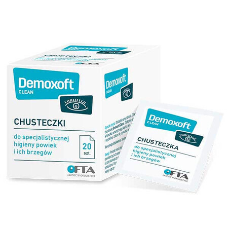 Demoxoft Clean, lingettes pour soins spécialisés et nettoyage de la peau des paupières, 20 pièces