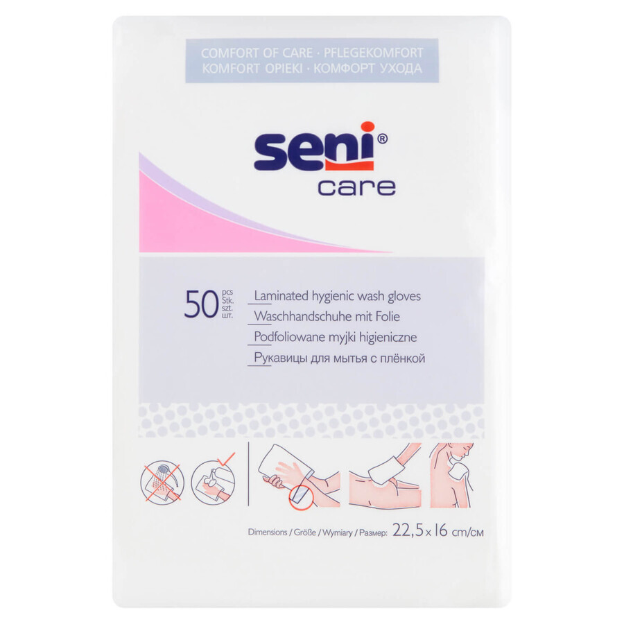 Seni Care, gants de toilette hygiéniques, en feuille, 22,5 cm x 16 cm, 50 pièces