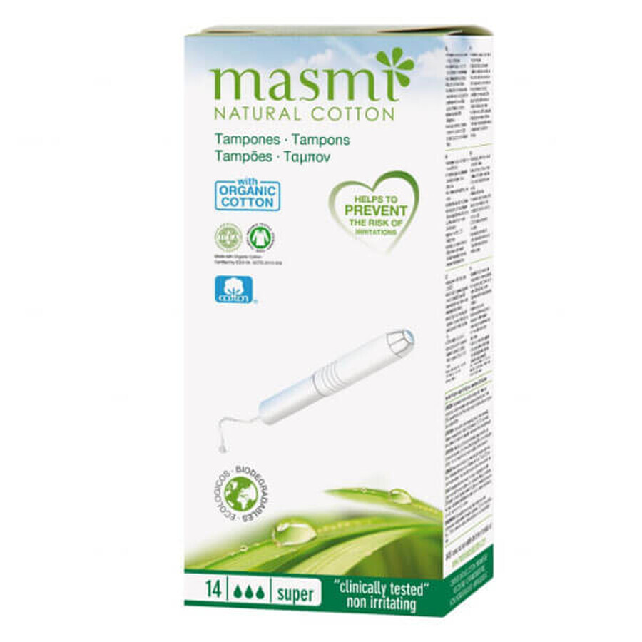 Masmi Natural Cotton, tampons hygiéniques en coton biologique, avec applicateur, Super, 14 pièces