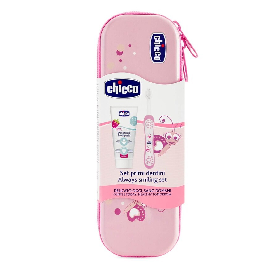 Chicco, periuță de dinți + pastă de dinți, 50 ml + cutie, după 12 luni, roz