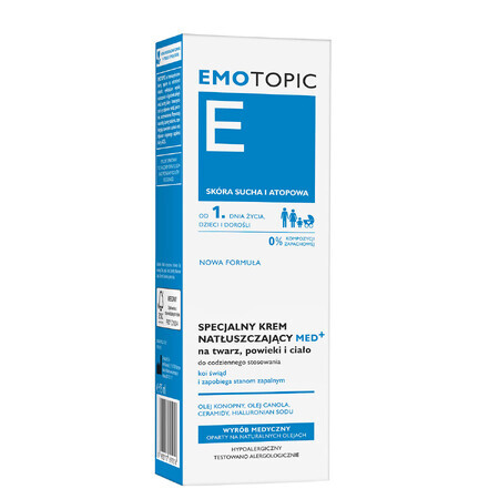 Emotopic E Med+, crema lubricante especial para la cara, los párpados y el cuerpo, para adultos y niños a partir del primer día, piel seca y atópica, 75 ml