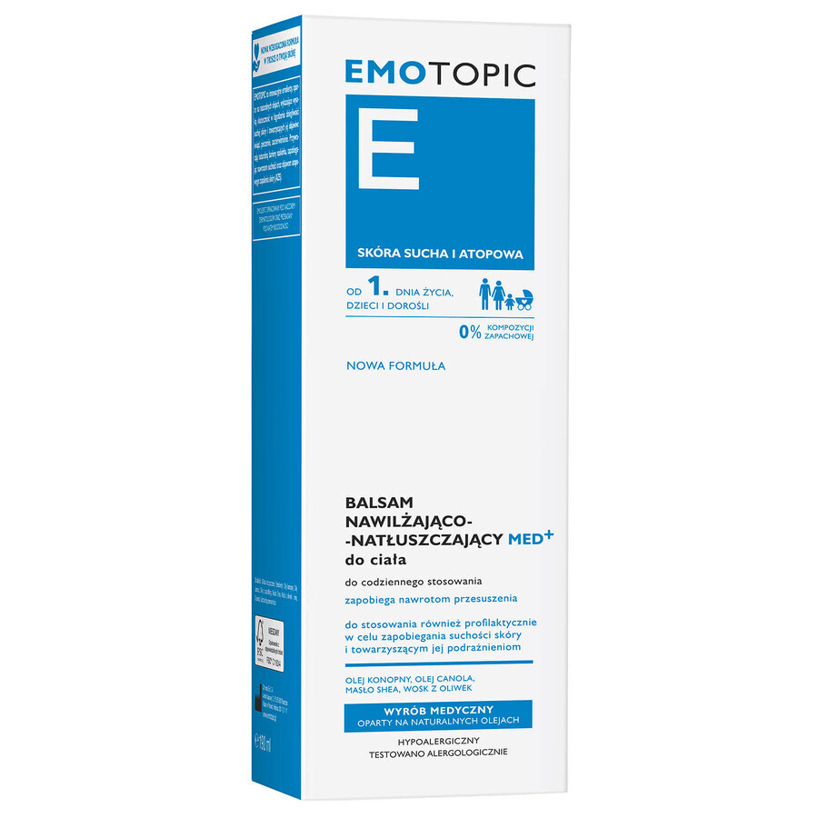 Emotopic E Med+, lait hydratant et surgraissant pour le corps, pour adultes et enfants dès le premier jour, peaux sèches et atopiques, 190 ml