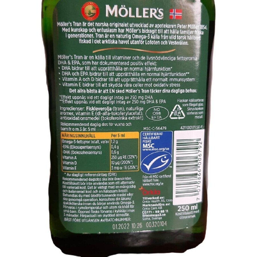 Moller&#39;s Gold Noorse Levertraan, citroensmaak, 250 ml