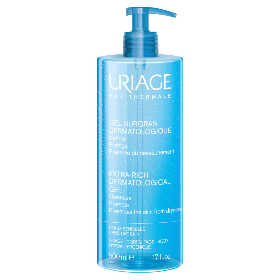 Uriage Eau Thermale, gel dermatológico de limpieza facial y corporal, pieles sensibles e irritadas, 500 ml