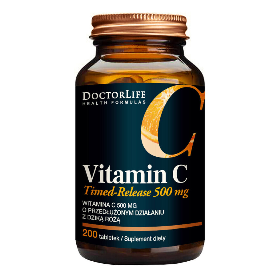 Doctor Life Vitamin C Timed-Release, vitamine C 500 mg avec églantier, 200 comprimés à libération prolongée