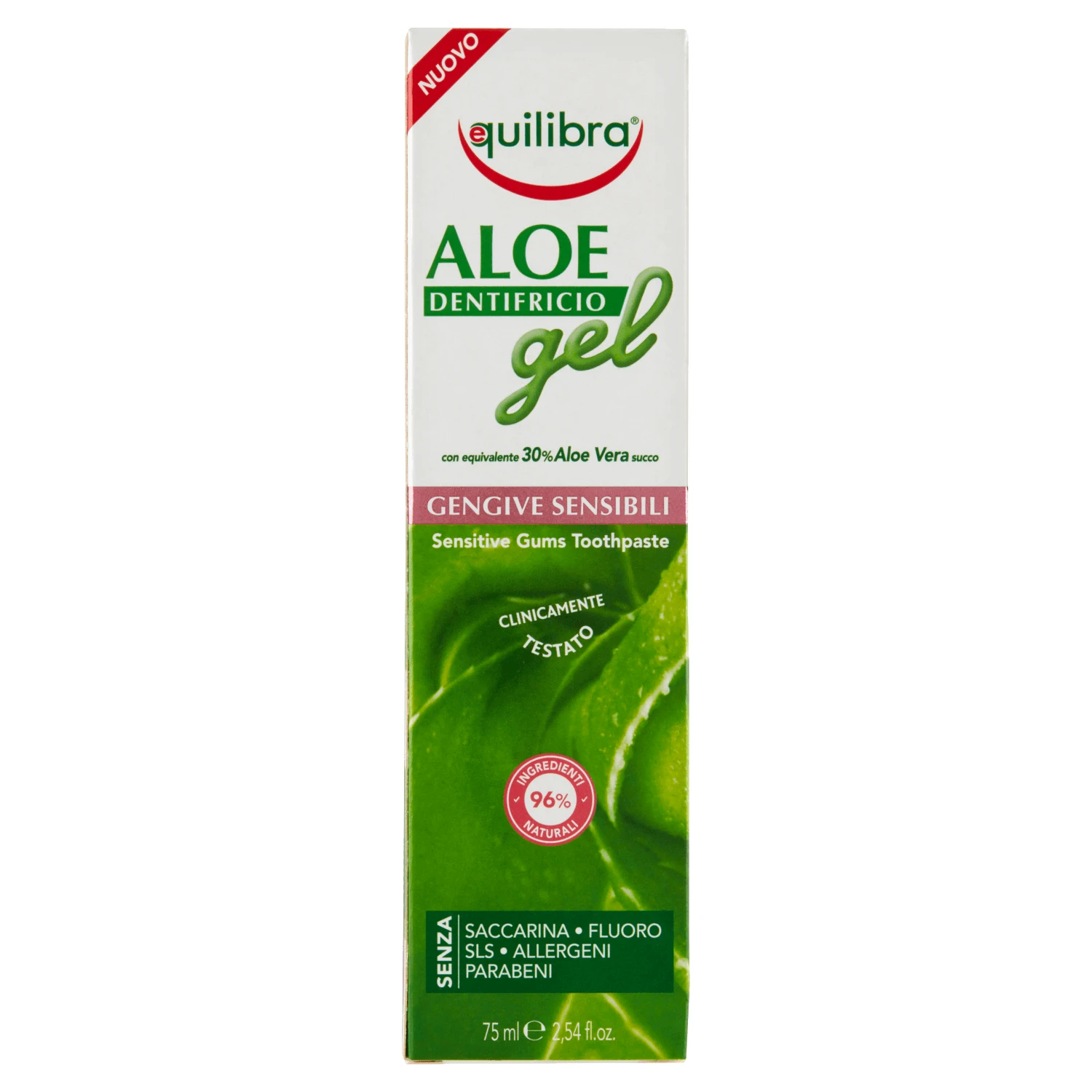 Equilibra Aloe, Gevoelige tandpasta in gel, voor gevoelige tanden en tandvlees, fluoridevrij, 75 ml