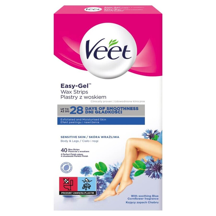 Veet Easy-Gel, plasturi de ceară de corp pentru epilare, piele sensibilă, ulei de migdale dulci, 40 bucăți