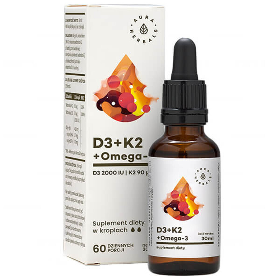 Aura Herbals D3 + K2 MK7 + Omega 3, druppels, 30 ml