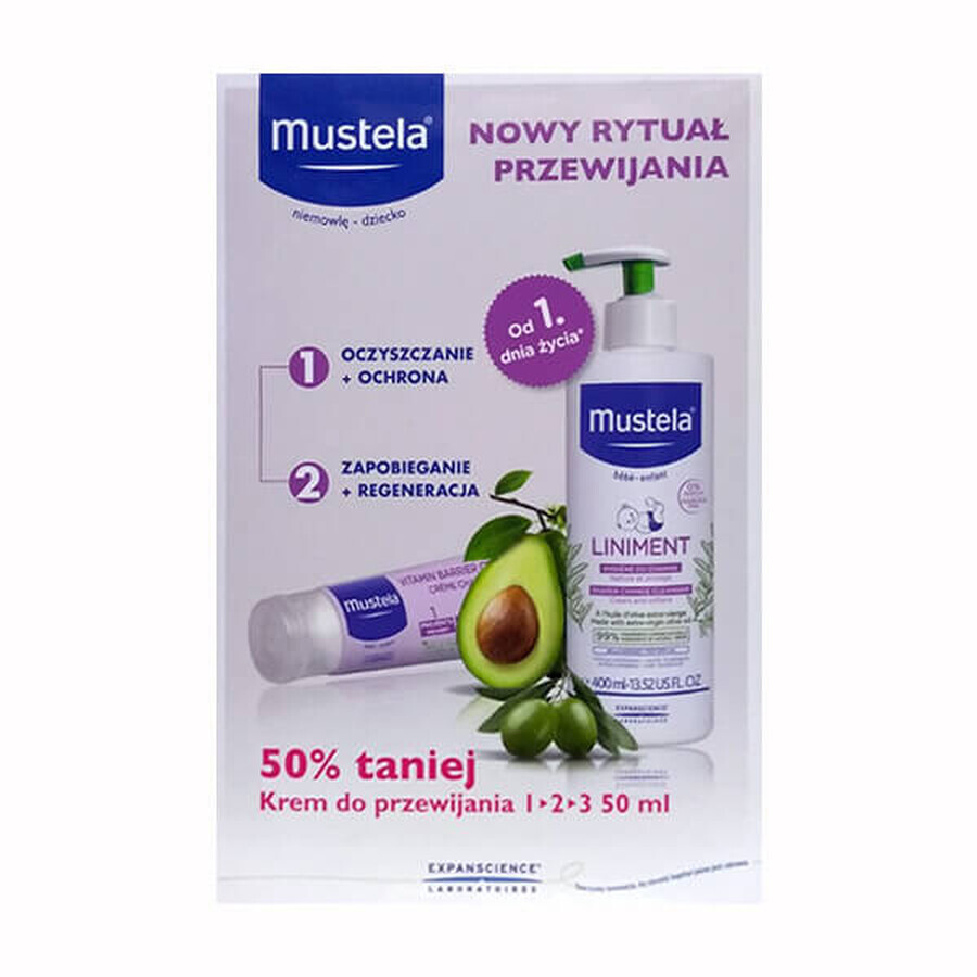 Mustela Bebe Enfant Liniment set, emulsie de curățare a zonei de scutec, 400 ml + cremă de schimb 123, de la naștere, 50 ml