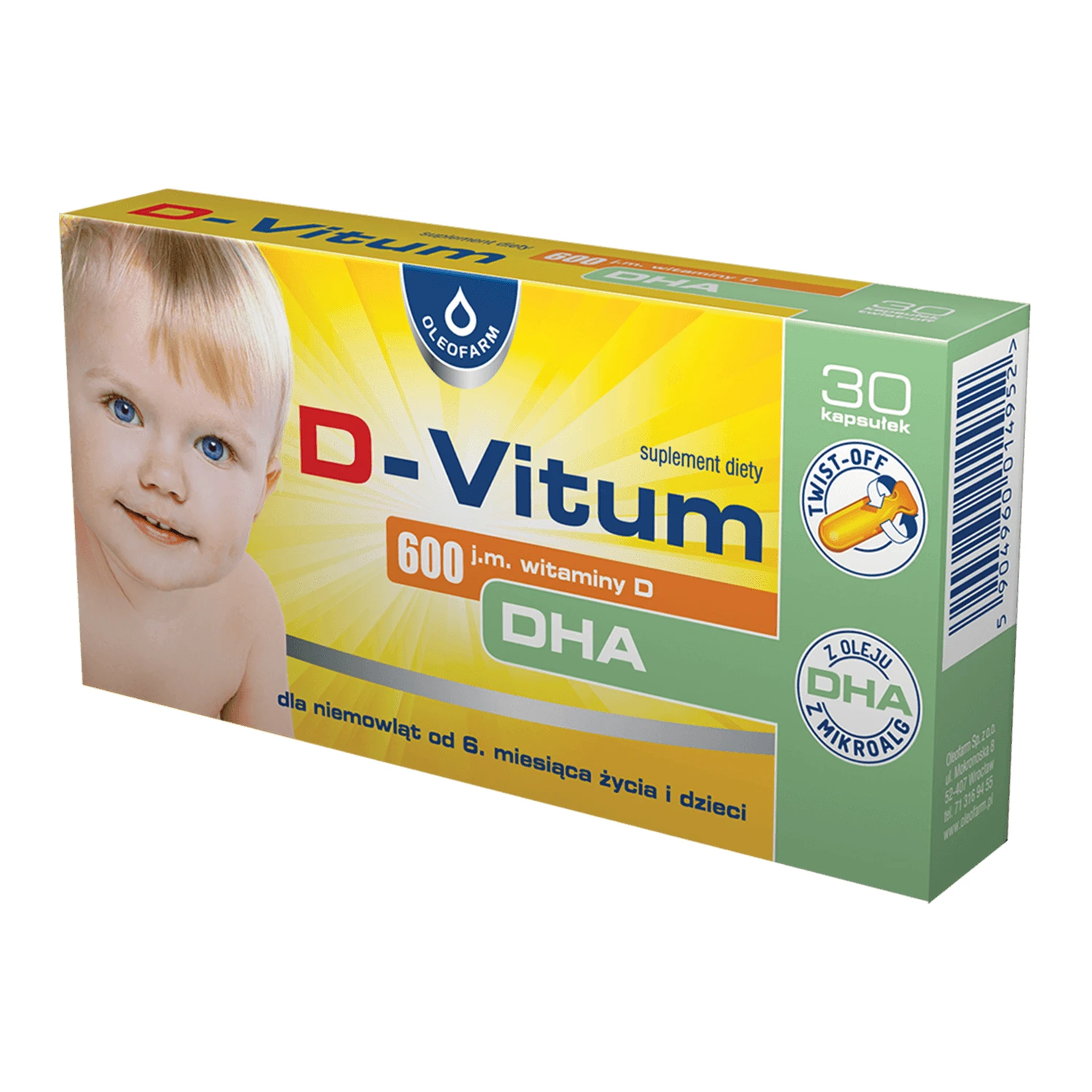 D-Vitum 600 IE met DHA-vitamine, voor zuigelingen vanaf 6 maanden, 30 capsules met draaidop-systeem