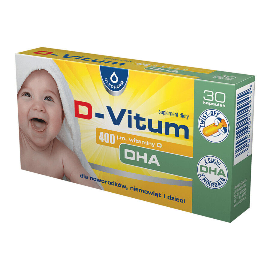 D-Vitum, vitamin D + DHA for newborns, infants and children 400 IU, 30 twist capsules