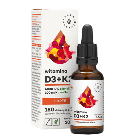 Aura Herbals Vitamina D3 4000 UI + K2 100 µg Forte, gotas, 30 ml