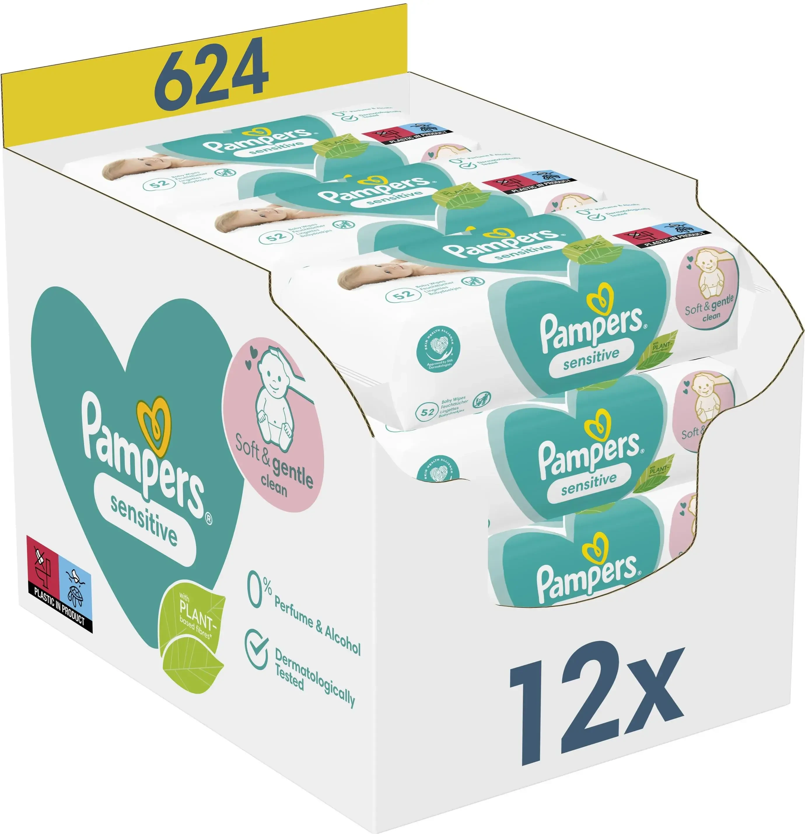 Pampers Sensitive, vochtige doekjes, gevoelige huid van kinderen en baby's, 12 x 52 stuks