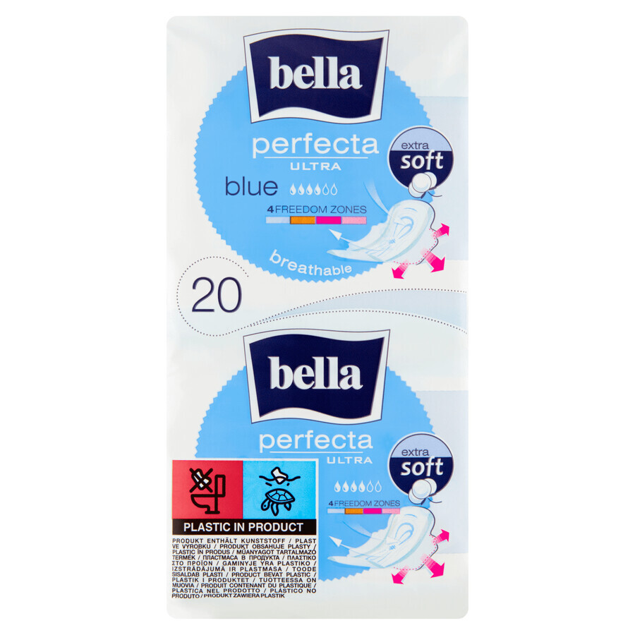 Bella Perfecta Ultra, Extra Soft maandverband met vleugels, Blauw, 20 stuks