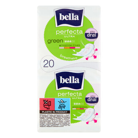 Bella Perfecta Ultra, serviettes hygiéniques SilkyDrai avec ailettes, vertes, 20 pièces