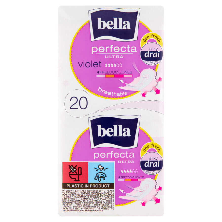 Bella Perfecta Ultra, Silky Drai maandverband met vleugels, deo fris, Violet, 20 stuks