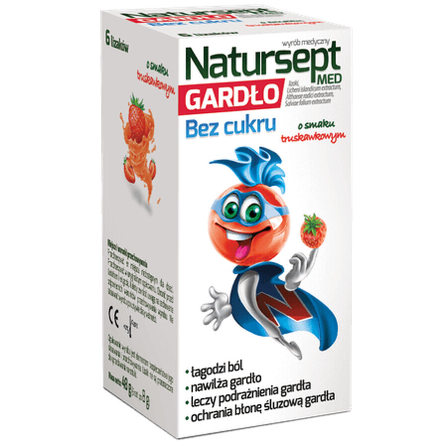 Natursept Med Throat, sucettes sans sucre, goût fraise, plus de 3 ans, 6 pièces