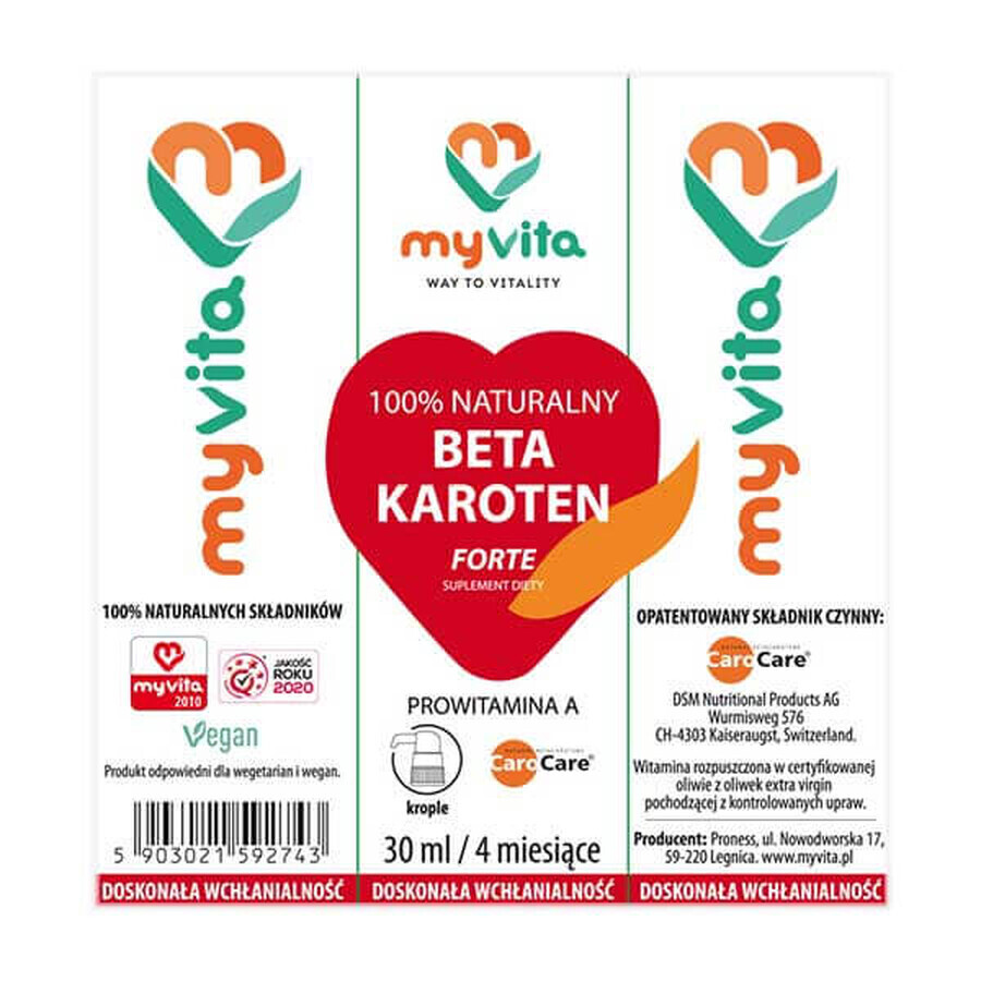 MyVita 100% Natural Beta Carotene, Provitamina A, picături, 30 ml