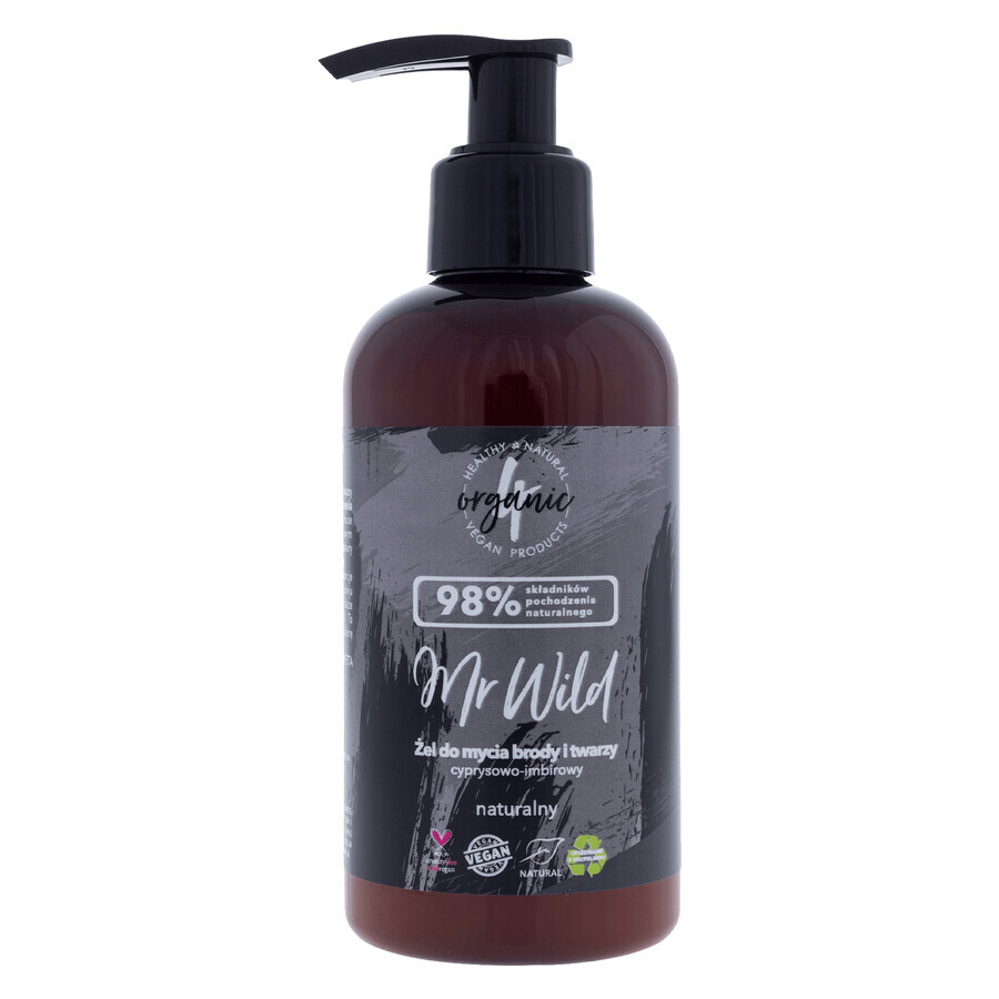 4Organic Mr Wild, gel natural de curățare a bărbii și a feței, cypress-ginger, 200ml