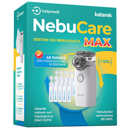 NebuCare Max, kit de nébulisation pour nourrissons et enfants, Helpmedi, nébuliseur à maille + Katarek, solution saline NaCl 0,9%, 5 ml x 40 ampoules