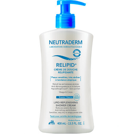 Neutraderm Relipid+, lipidenherstellende reinigingscrème voor gezicht en lichaam, gevoelige, zeer droge en atopische huid, 400 ml