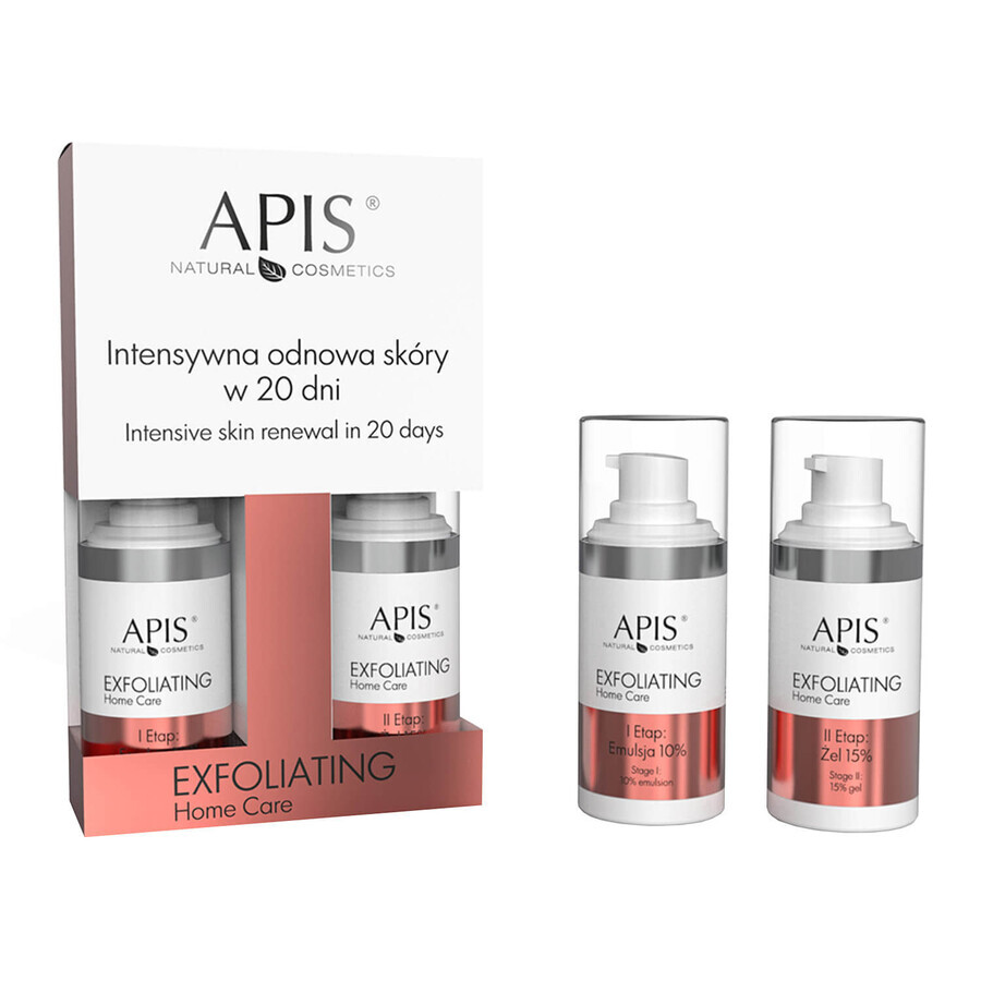 Apis Exfoliating Home Care, intensieve huidvernieuwing in 20 dagen, twee fasen, emulsie 10%, 15 ml + gel 15%, 15 ml