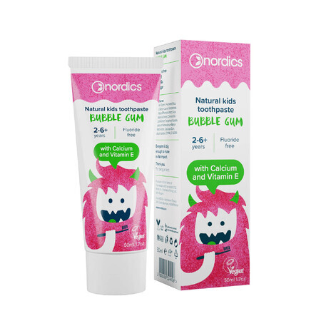 Nordics Bubble Gum, dentifrice naturel pour enfants, 2-6 ans, calcium et vitamine E, sans fluor, 75 ml