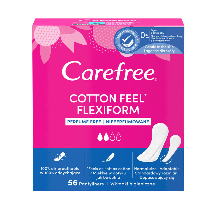 Serviettes hygiéniques Carefree Cotton Feel Flexiform, non parfumées, 56 pièces